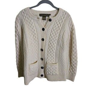 Inis Crafts Vintage Merino Wool Fisherman Knit Cardigan Sweater Leather Buttons